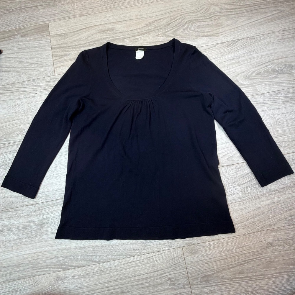 Vintage Y2K J.Crew Navy Blue 100% Merino Wool Scoop Neck 3/4 Sleeve Sweater Sz S